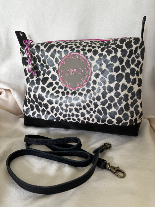 Polished Cotton Cheetah Print Bag with vinyl ostrich bottom- Removable strap! - DMD Bags