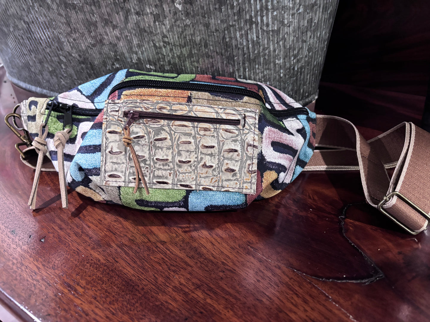 Sling Bag “Kuba Cloth Printed Canvas with embossed croc pocket - DMD Bags