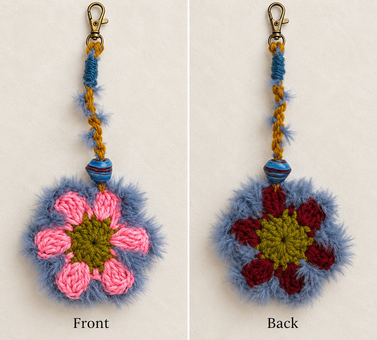 Crochet Flower- Bag Accessory One of a kind Handmade -Pink-Red-Fuzzy blue and green with swivel hook