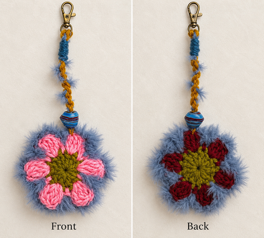Crochet Flower- Bag Accessory One of a kind Handmade -Pink-Red-Fuzzy blue and green with swivel hook