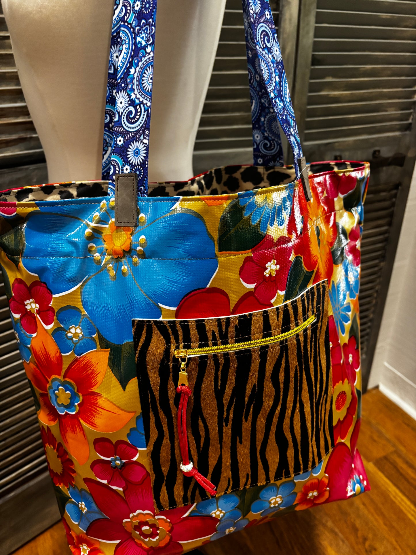New Design!! The Big Tote! Floral Oil Cloth-Hair on Hide pocket and attached pouch