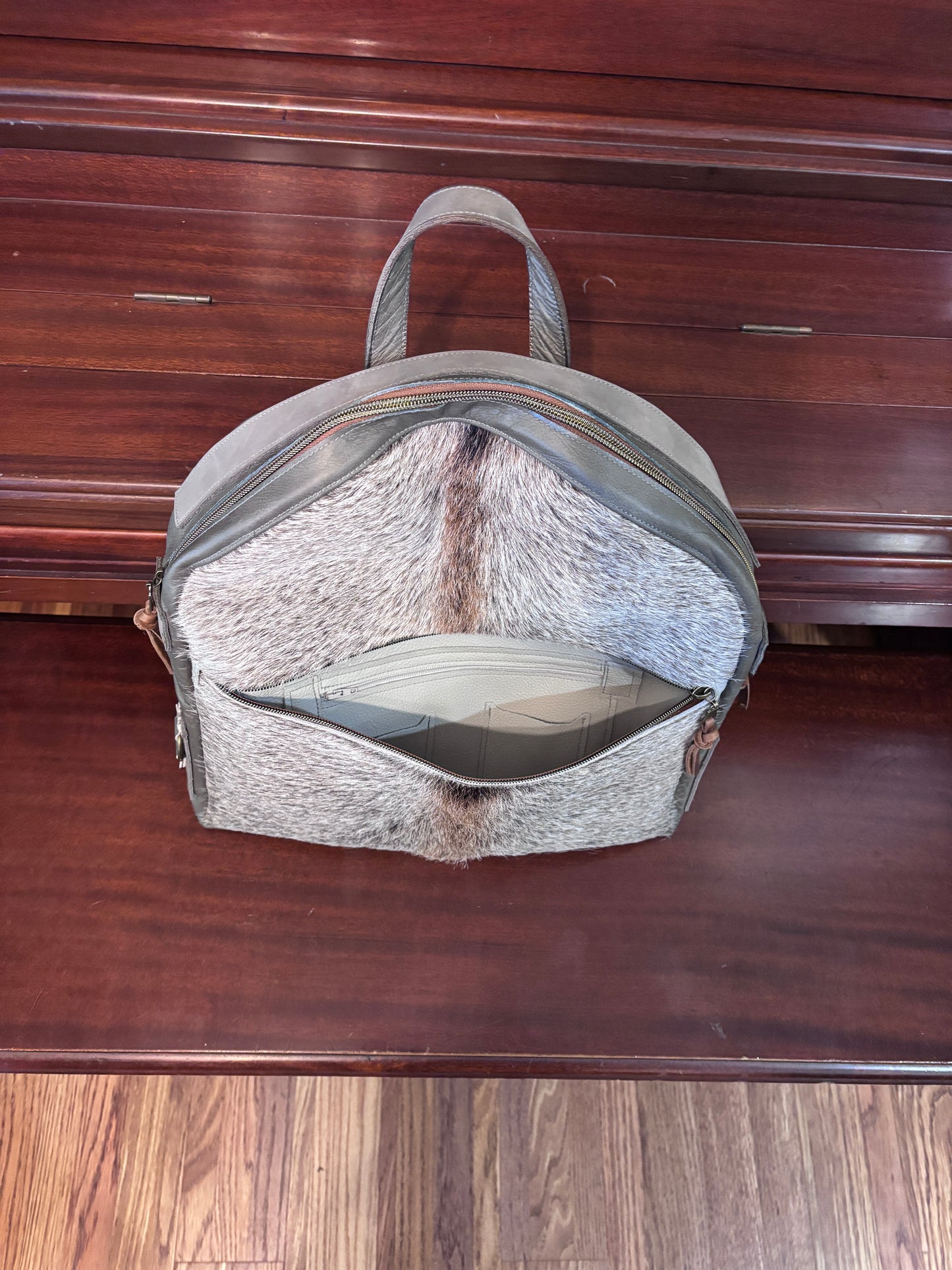 Back Pack - Gray and Brown Hair on Cowhide with gray leather - DMD Bags