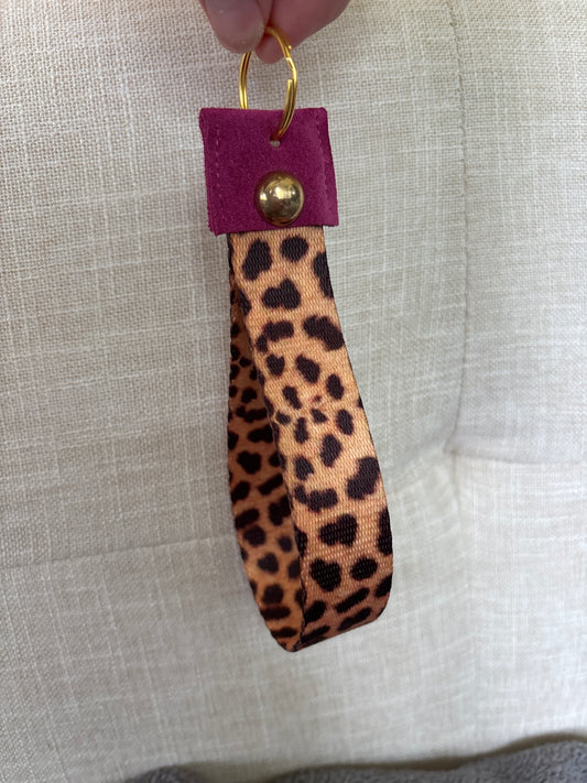 Key Chain Cheetah print wrist strap with fuchsia suede and gold dome rivet and key ring - DMD Bags