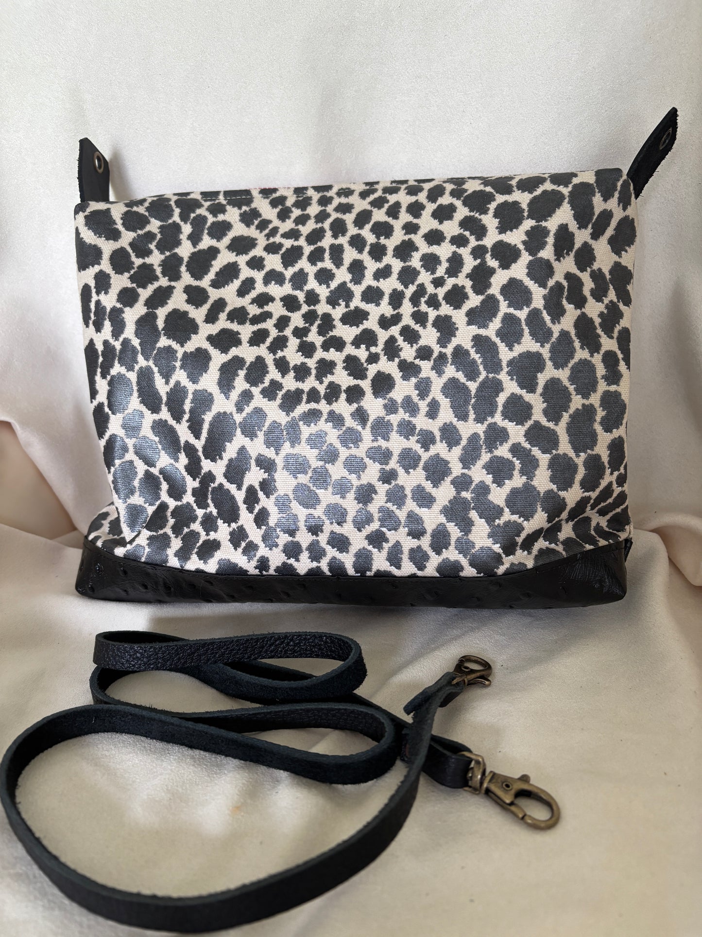 Polished Cotton Cheetah Print Bag with vinyl ostrich bottom- Removable strap!