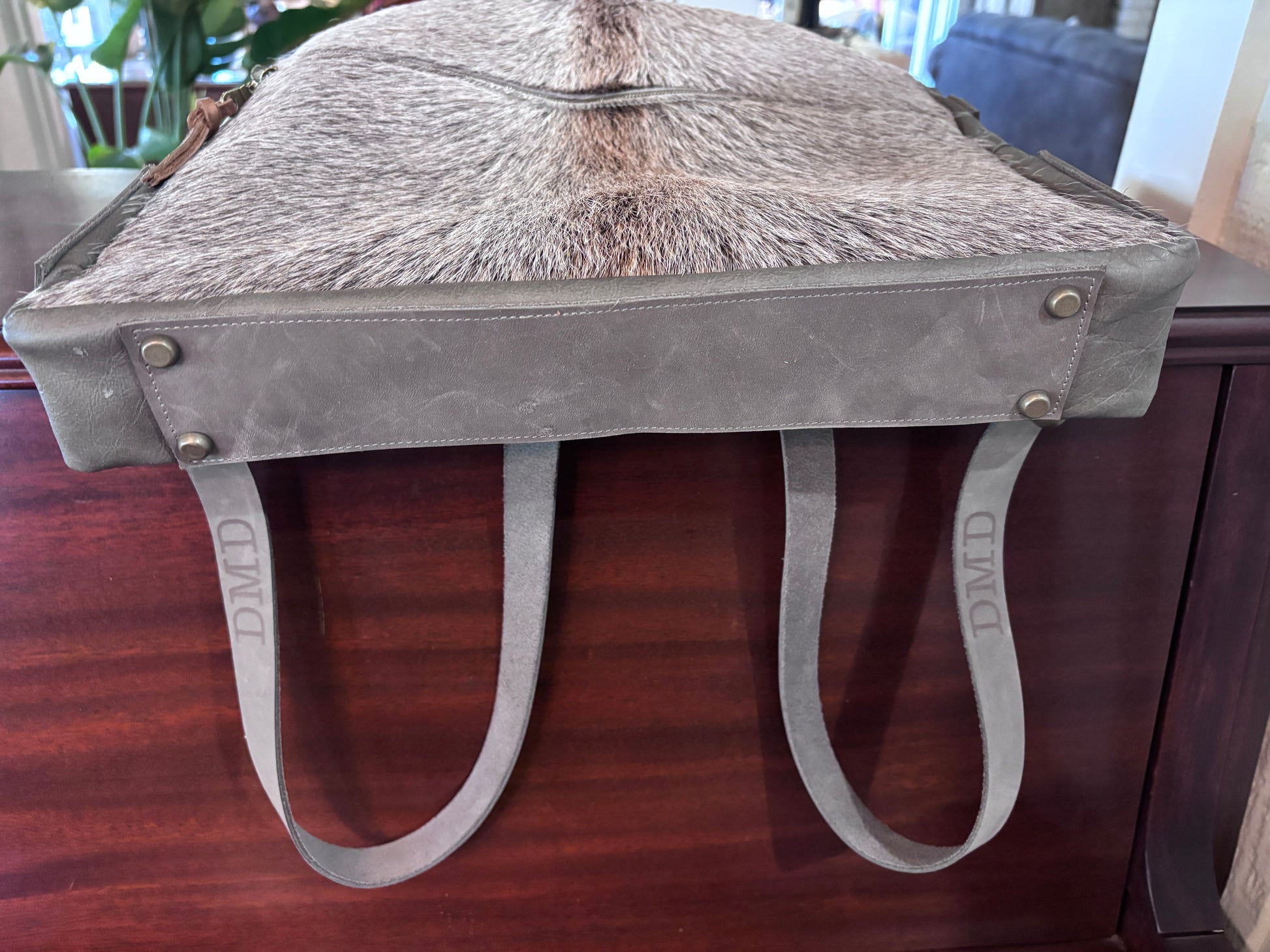 Back Pack - Gray and Brown Hair on Cowhide with gray leather - DMD Bags