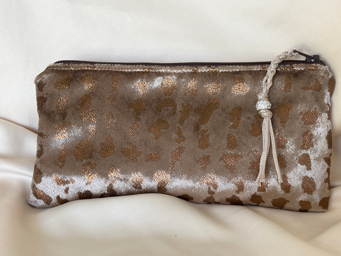 Slim Pouch/Clutch Taupe & Copper velvet with Golden Weave and a Bee