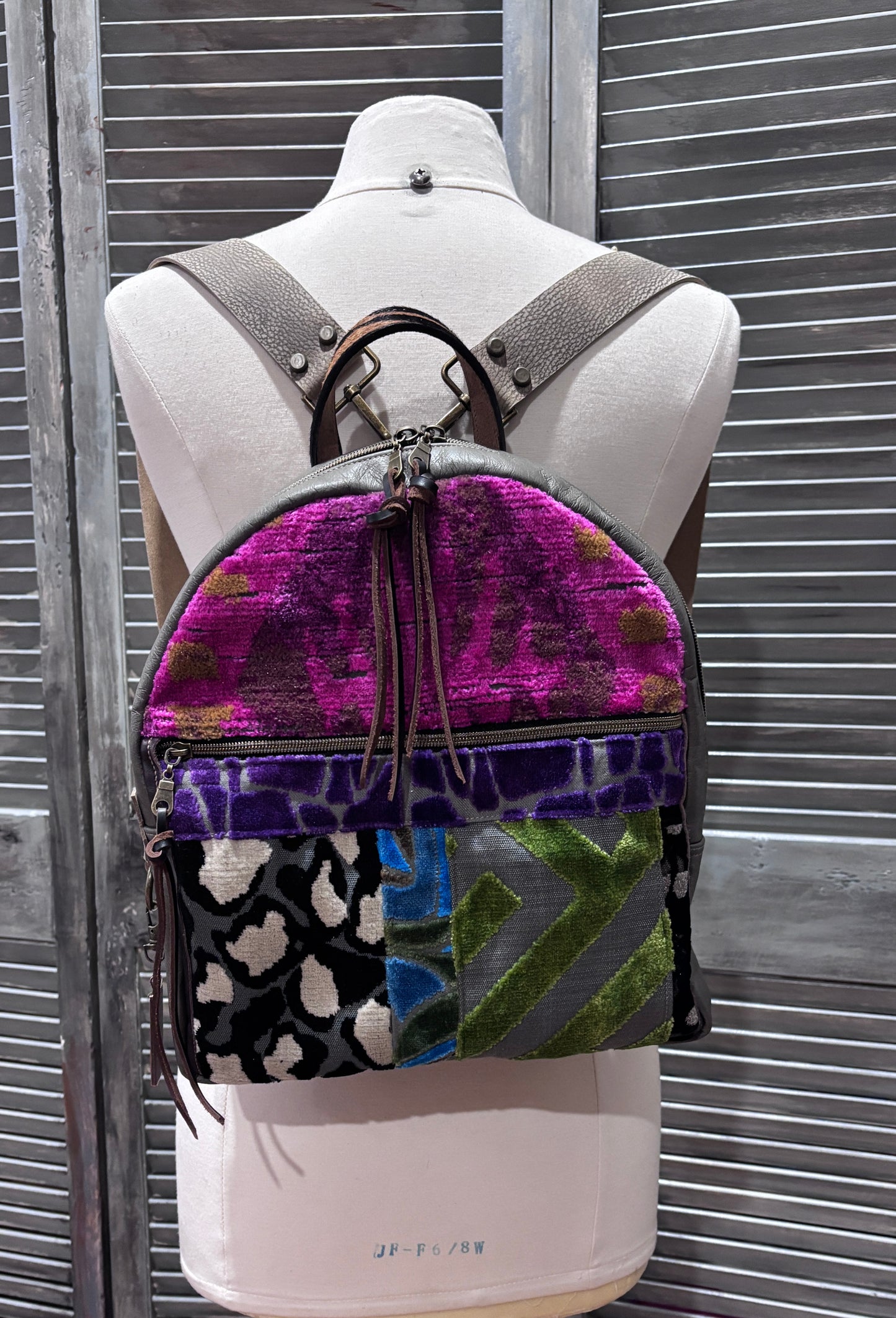 Back Pack - Smaller version in Velvet Patchwork & Leather