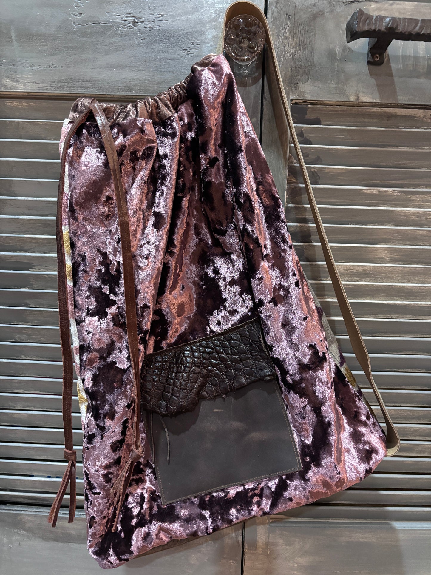 Pillow Bag Dusty Rose & Chenille with leather and alligator pocket