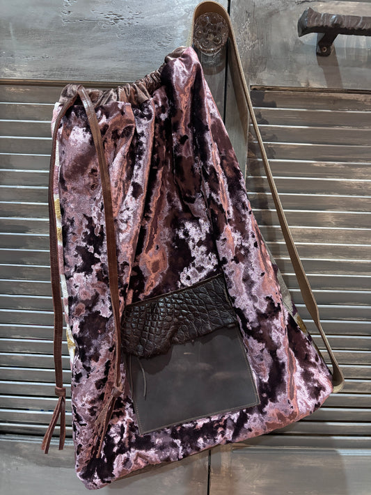 Pillow Bag Dusty Rose & Chenille with leather and alligator pocket