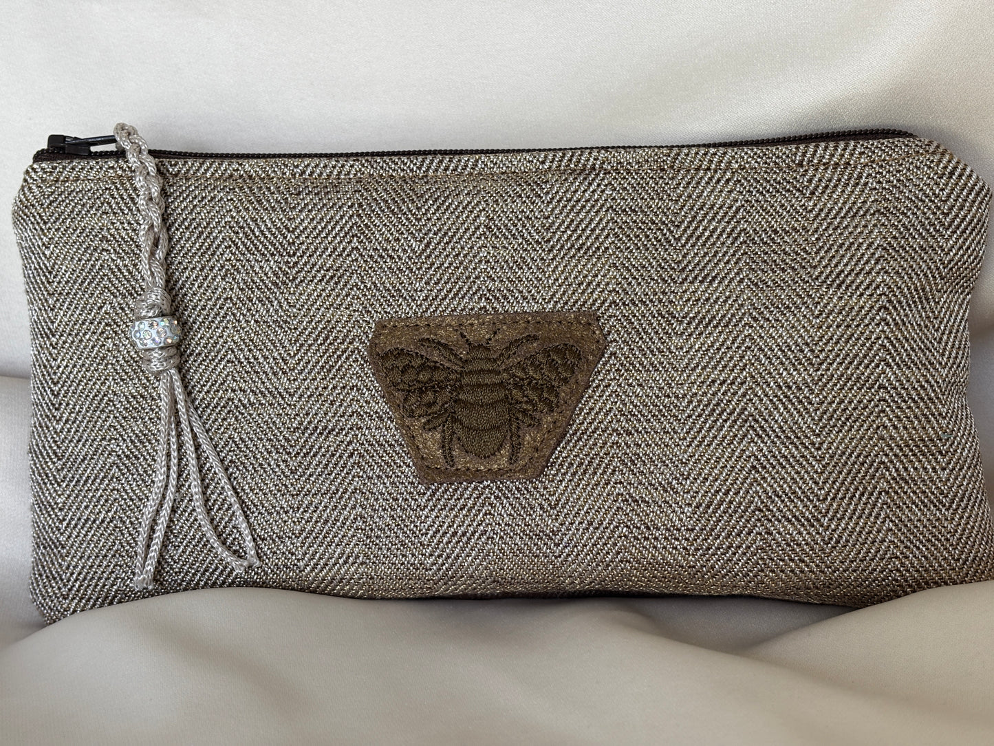 Slim Pouch/Clutch Taupe & Copper velvet with Golden Weave and a Bee