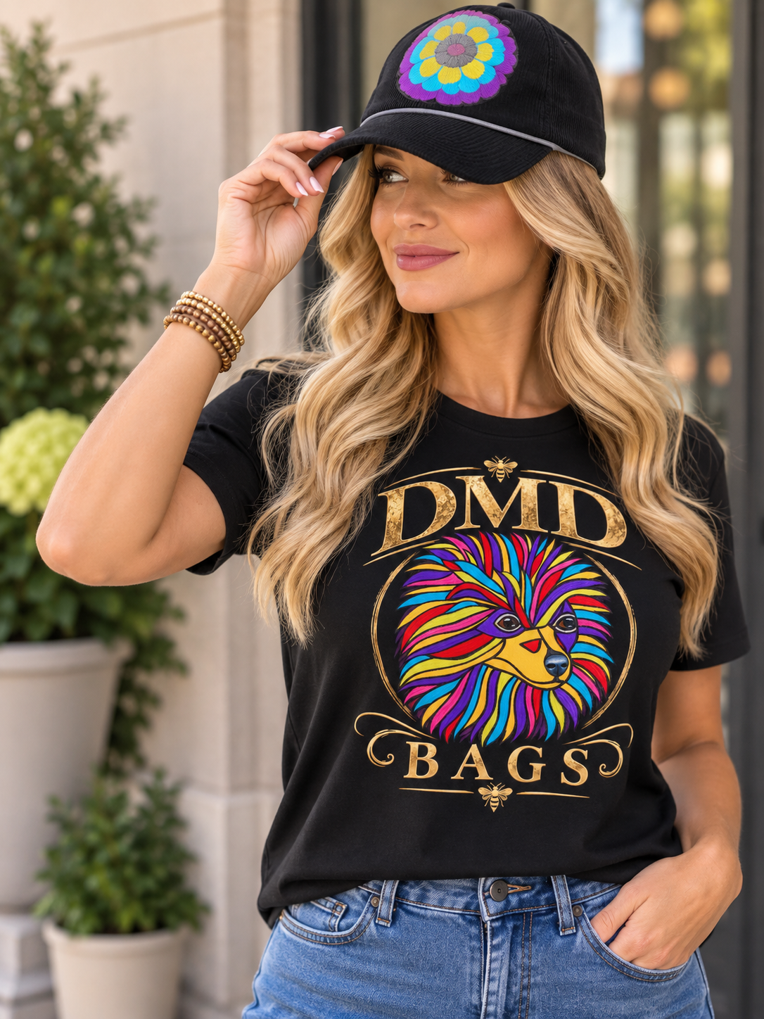Corduroy Ball Cap in Black with Embroidered Medallion with Rope detail