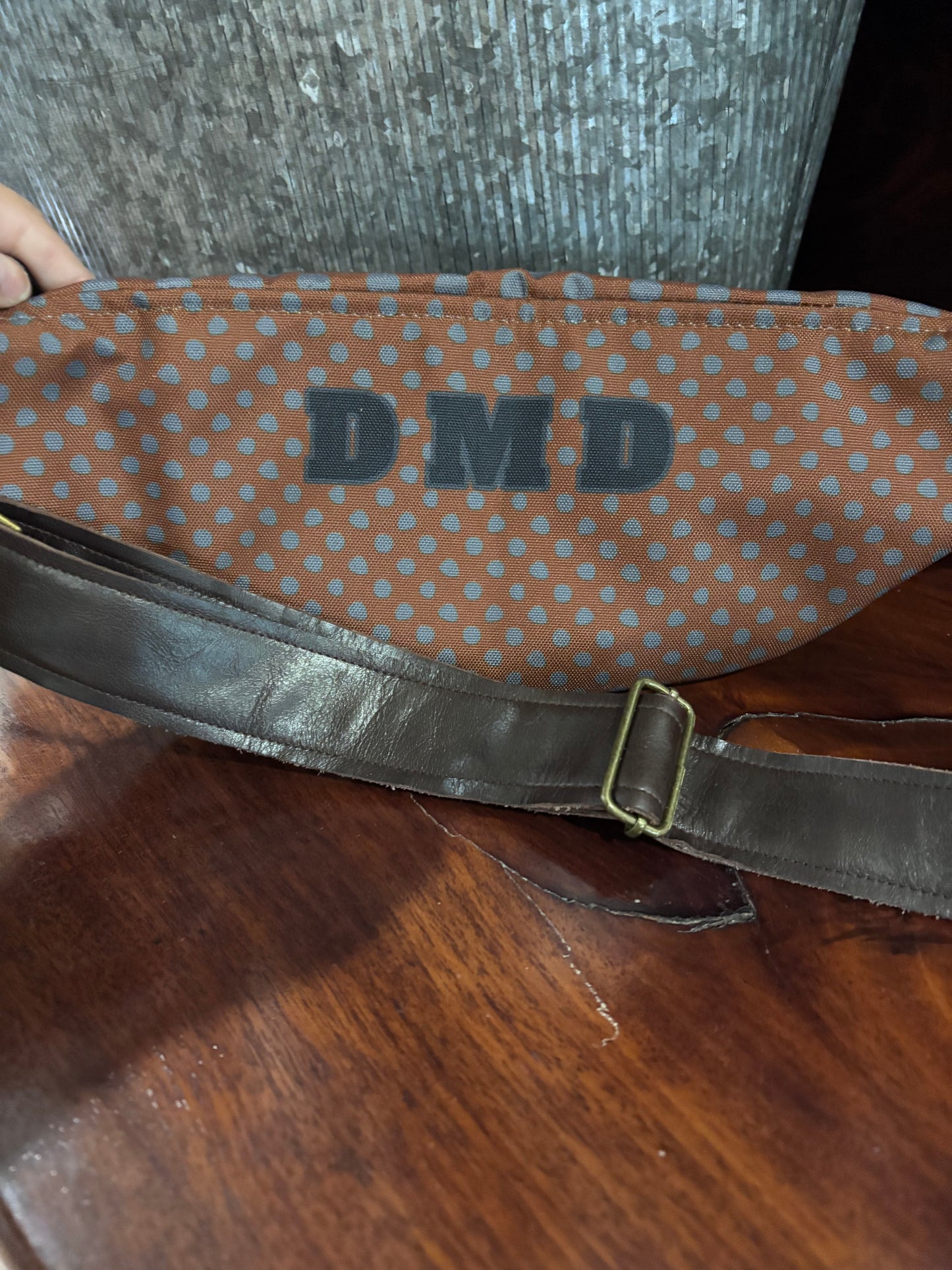 Sling bag-Fanny Pack Chocolate and gray dots! Alligator trim! Adjustable leather strap - DMD Bags