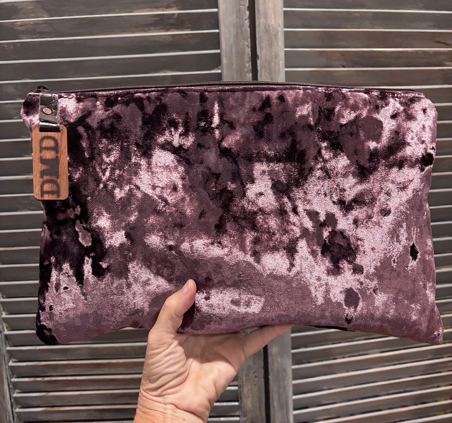 14.5x9 Large Pouch or Clutch Couture Dusty Rose Crush Velvet and Chenille Tiger