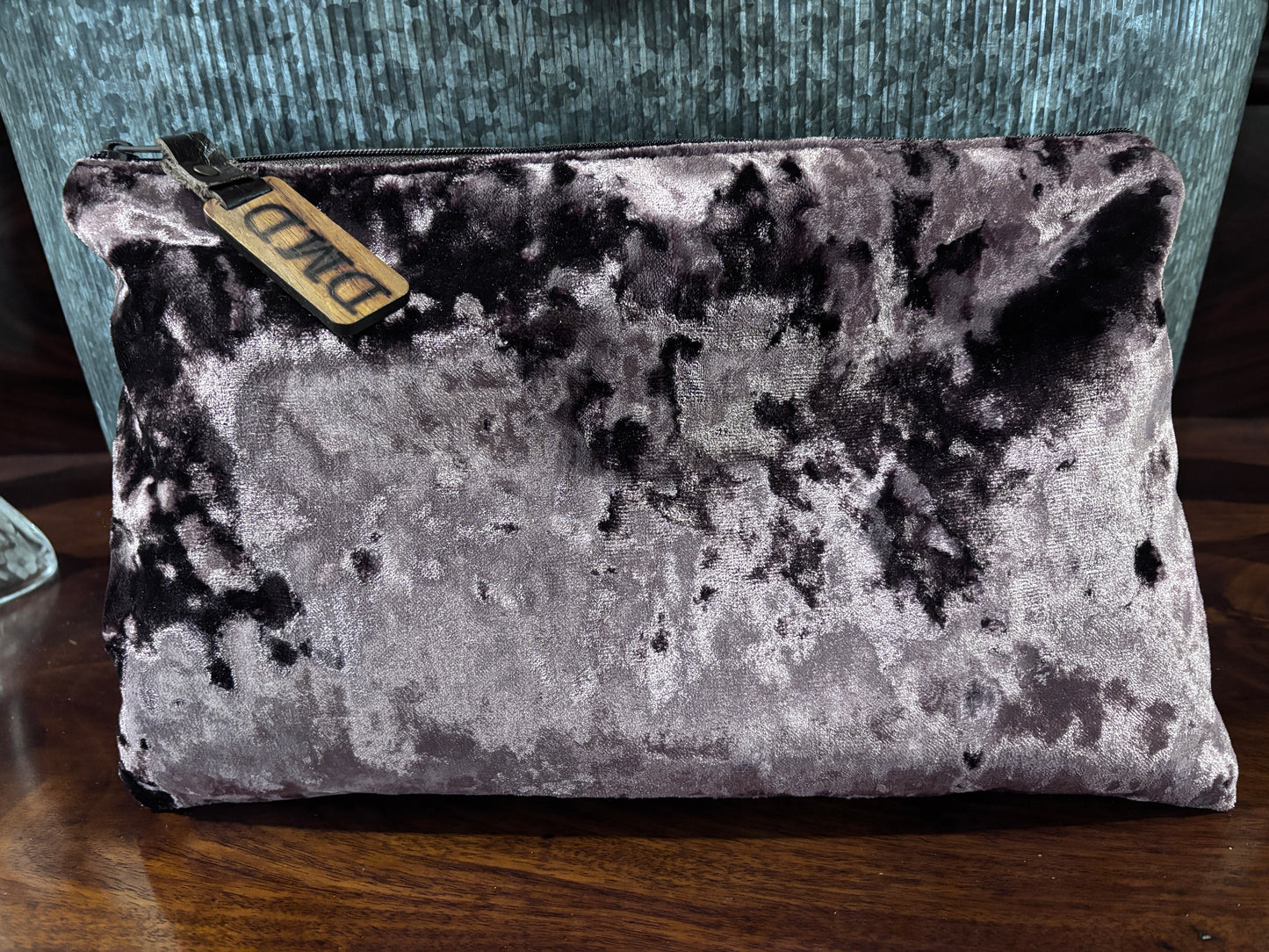 14.5x9 Large Pouch or Clutch Couture Dusty Rose Crush Velvet and Chenille Tiger