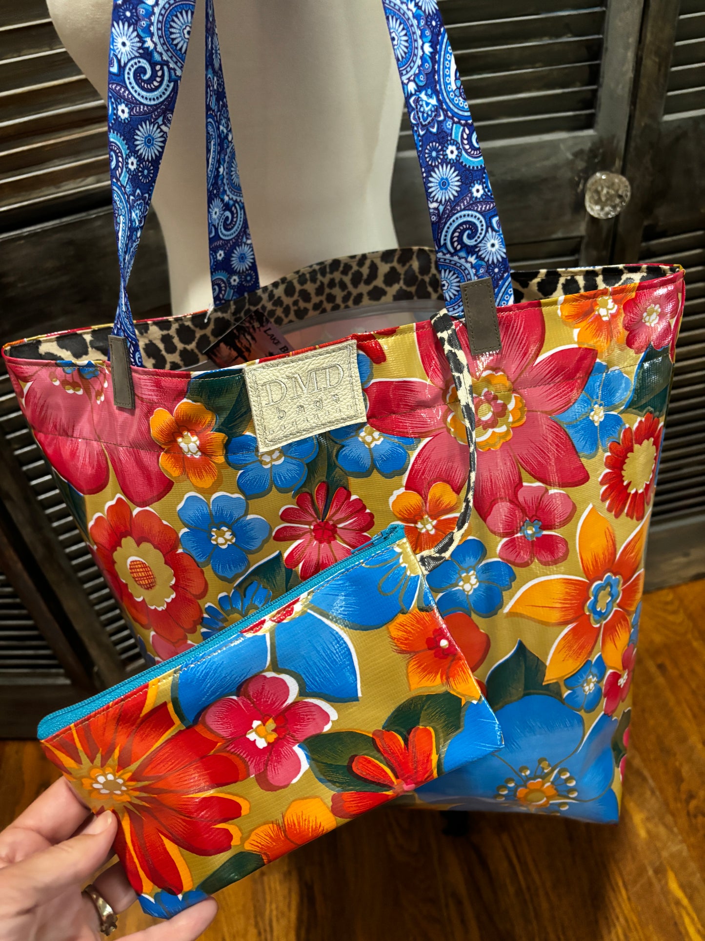 New Design!! The Big Tote! Floral Oil Cloth-Hair on Hide pocket and attached pouch