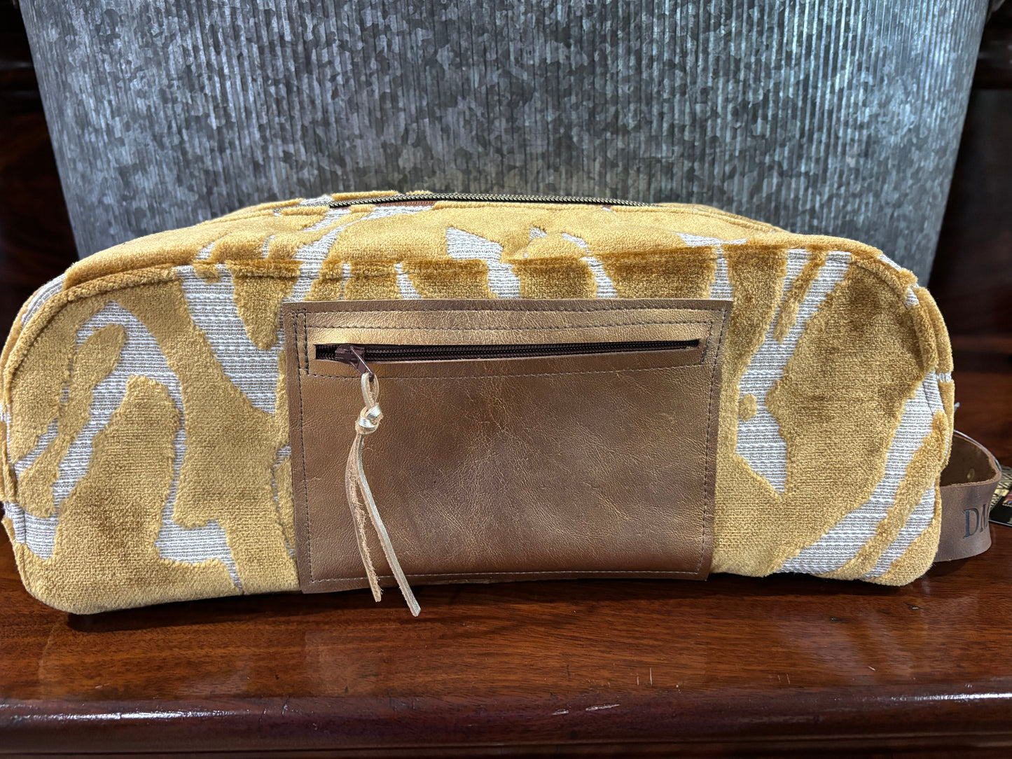 Gold Tiger Cut Velvet Vanity Bag with leather pocket & Rivet Trim Strap