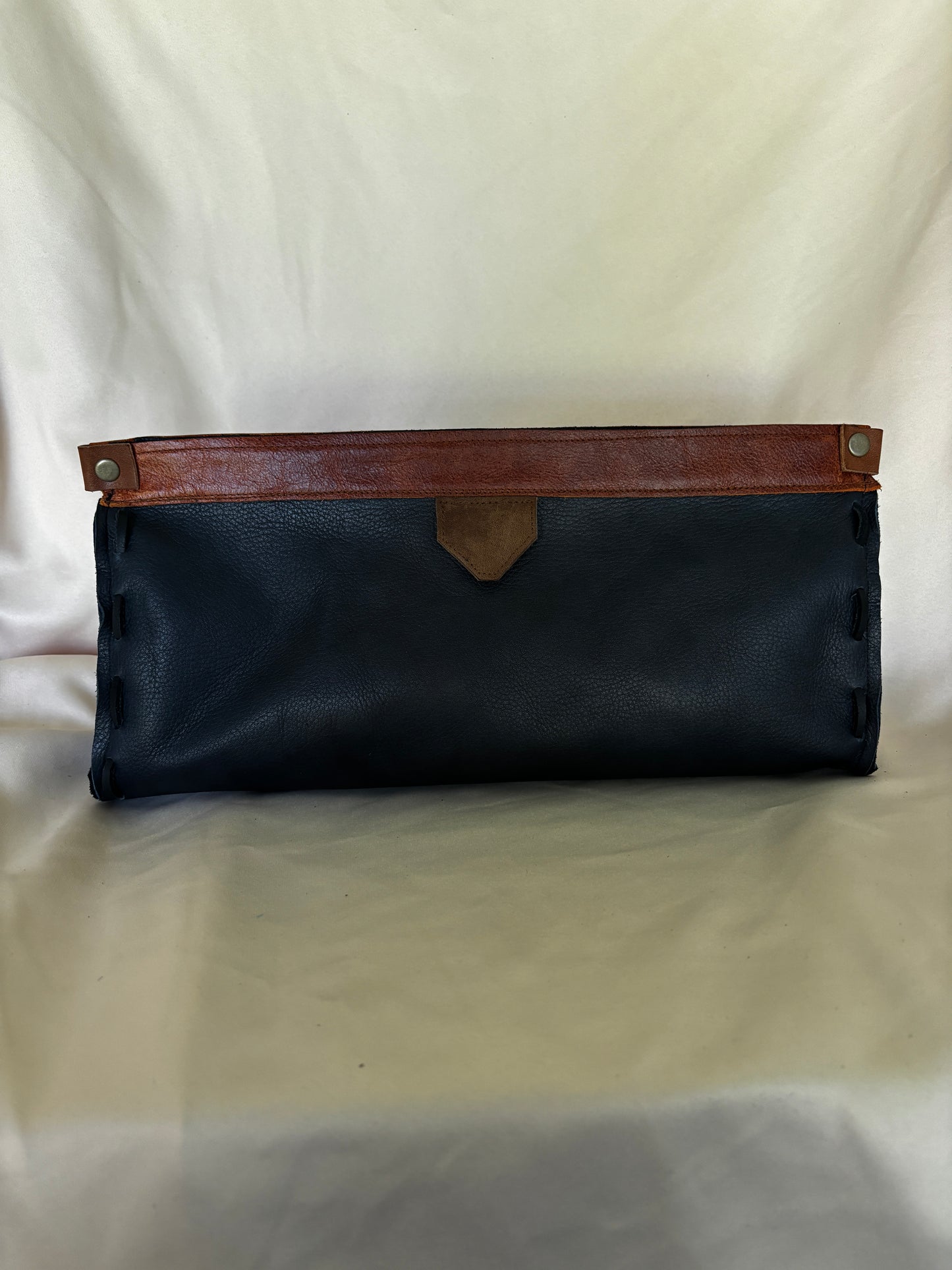 Handmade one of a kind!Good Looking!! Clutch Bag in Navy and Cognac Leather