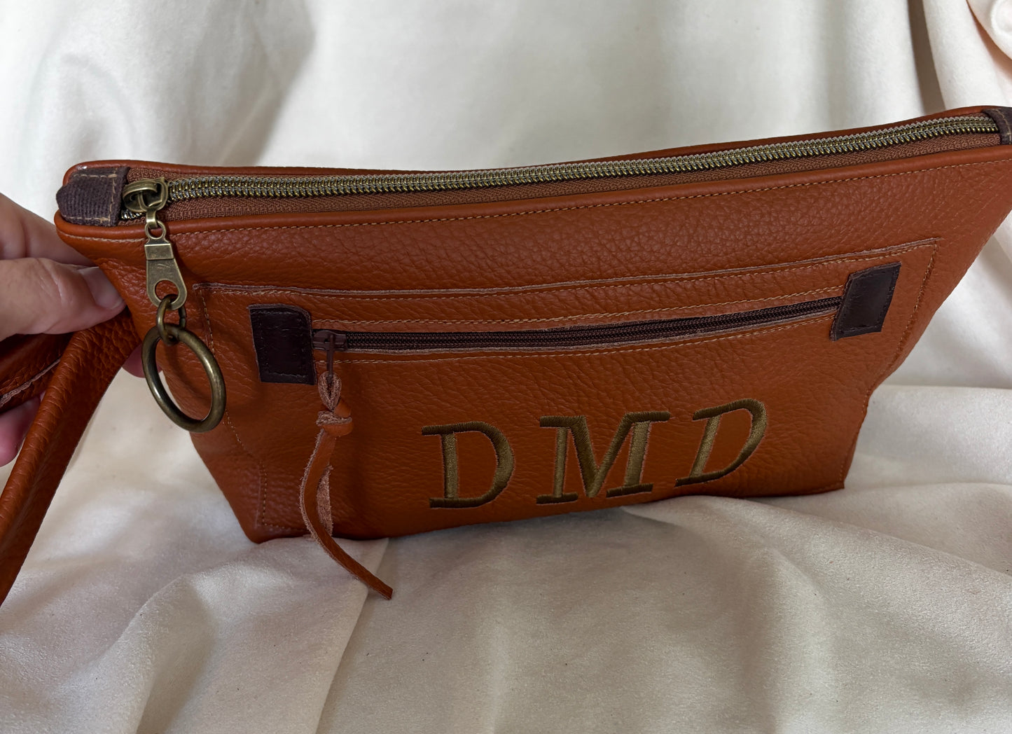 Knotted Strap Camel Leather Wristlet Logo Pocket