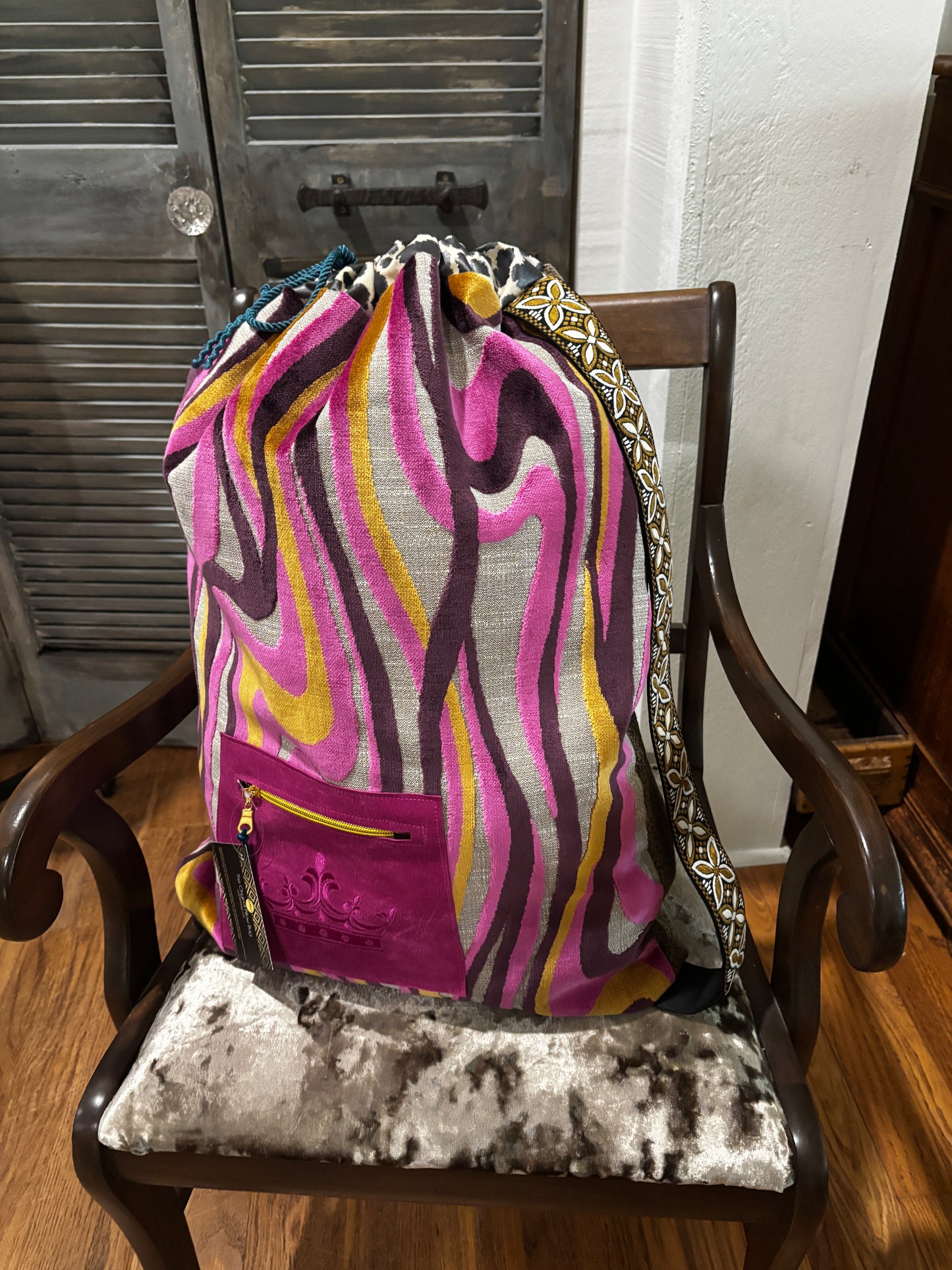 The Pillow Bag- Pinkie with Crown and Gray Stripe