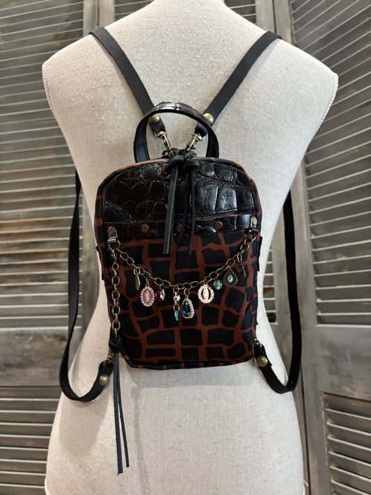 Mini X Back Pack Alligator Canvas with leather trim and chain with charms accent