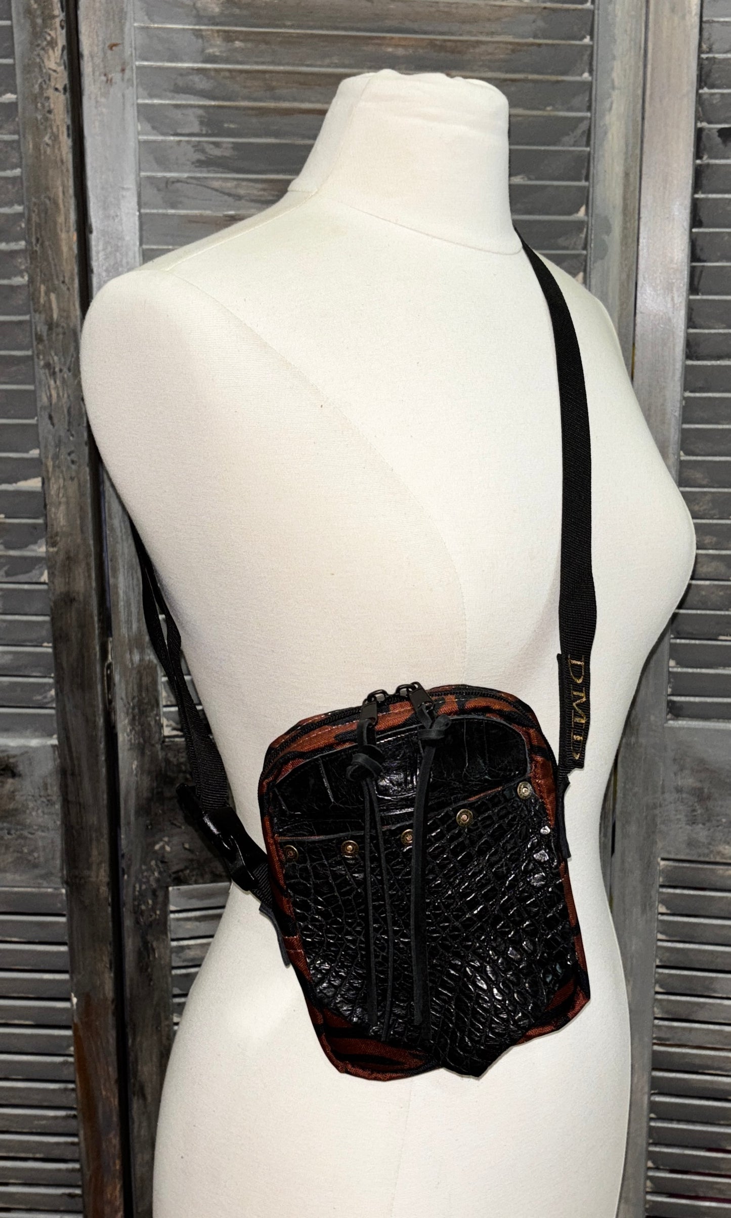 The X Bag in Brown Tiger stripe with genuine alligator