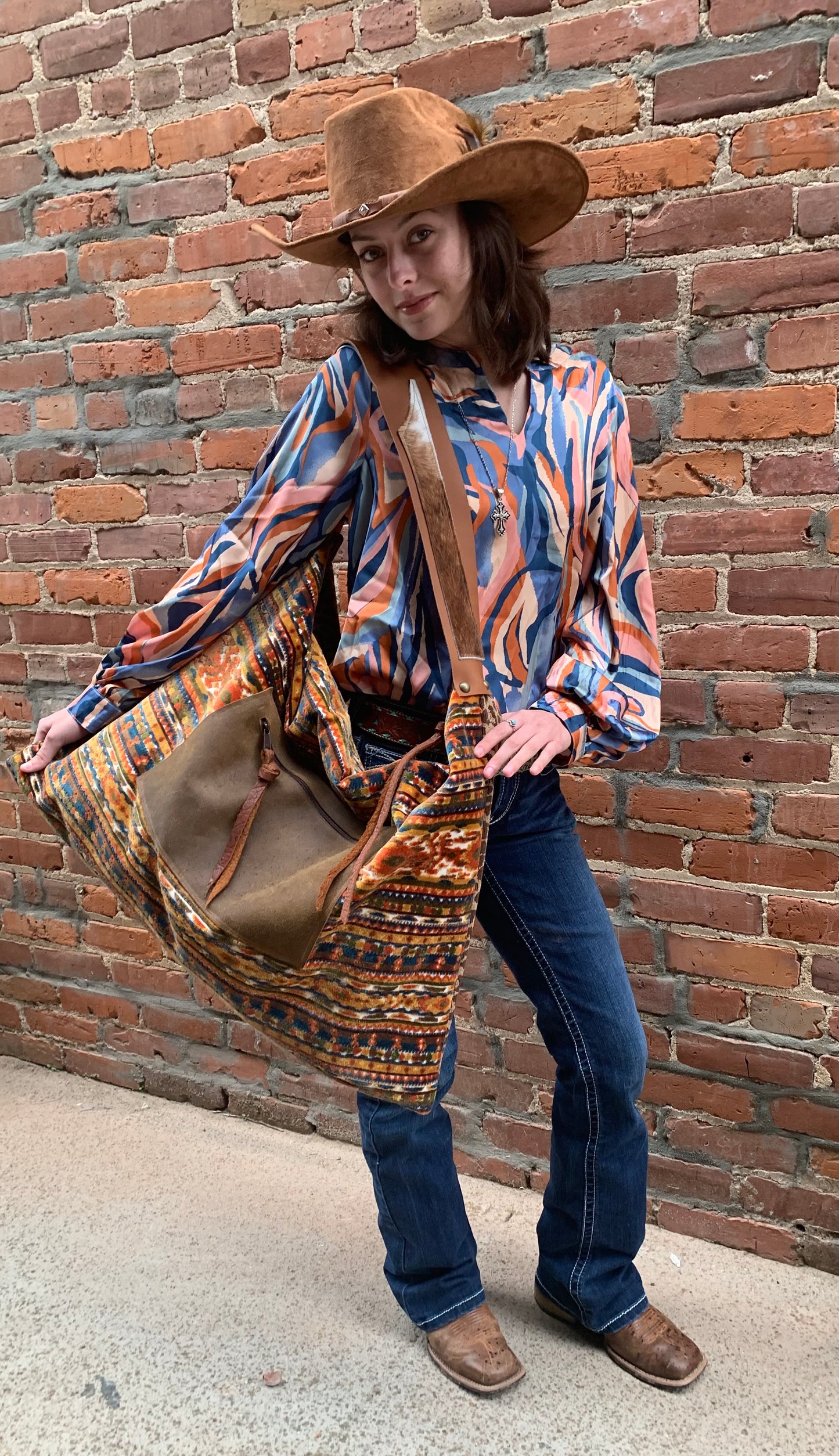 Day Bag with Leather pocket “cinnamon spice Aztec” cut velvet with chenille cheetah