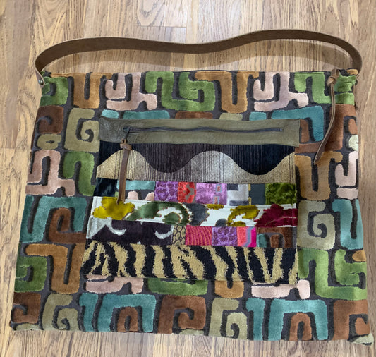 Traveler- Kuba Cloth Cut Velvet with mutli-color patchwork pocket - DMD Bags