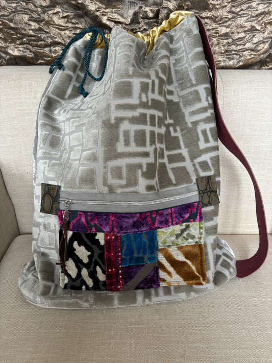 Pillow Bag Silver with Rasberry leather strap and patchwork pocket