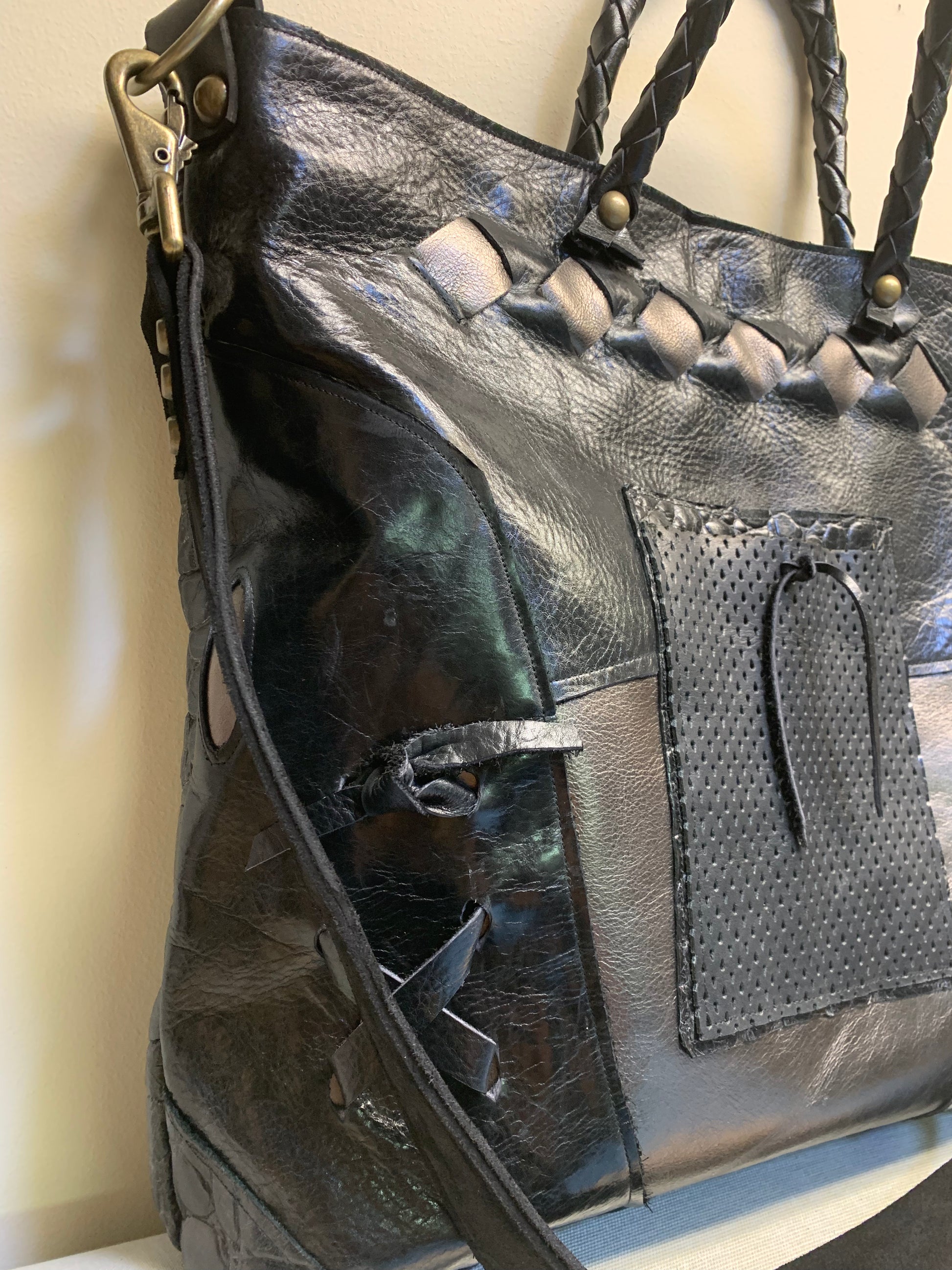 Black Leather Satchel One of a Kind Adjustable Shoulder Strap - DMD Bags