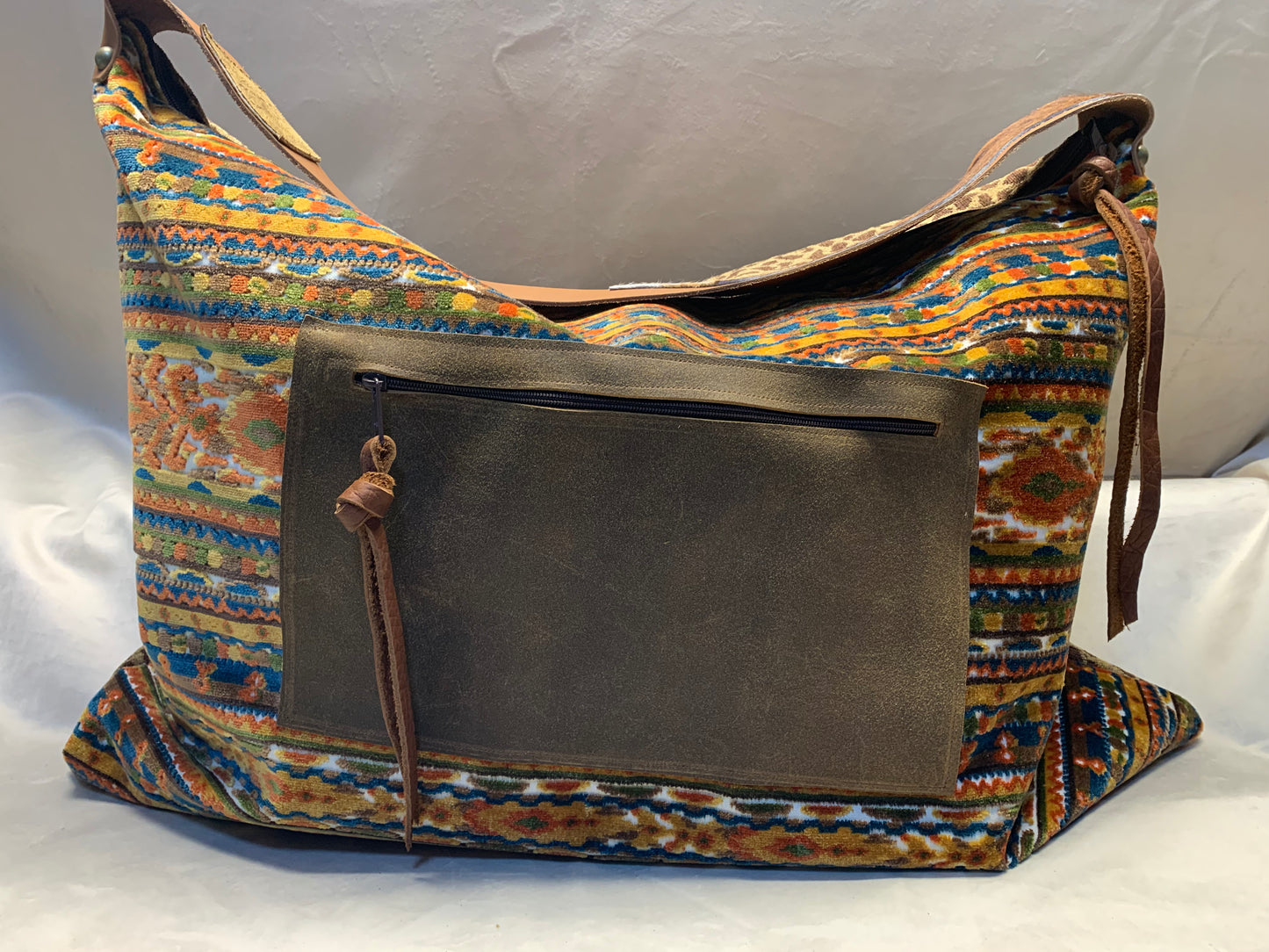 Day Bag with Leather pocket “cinnamon spice Aztec” cut velvet with chenille cheetah