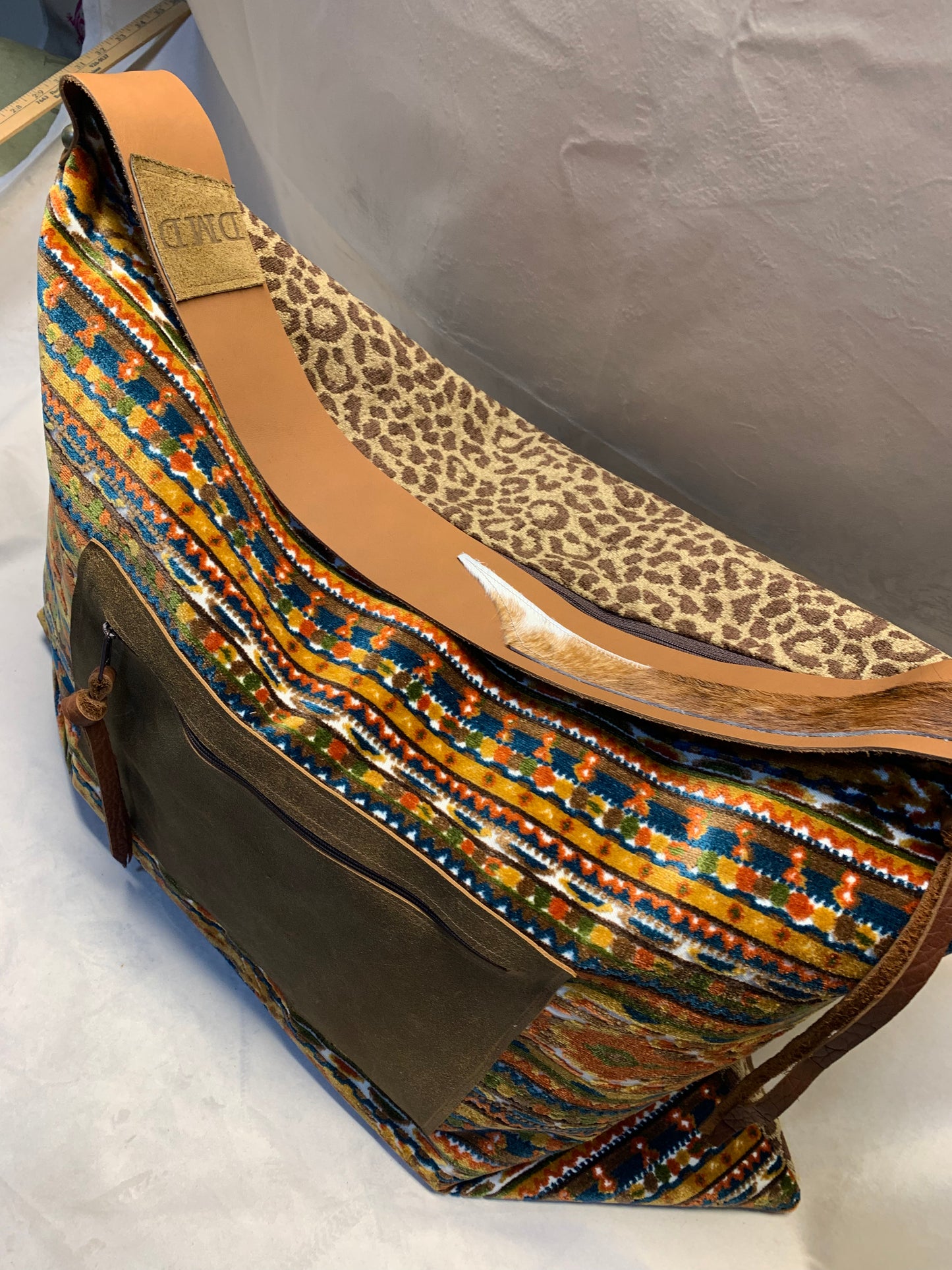 Day Bag with Leather pocket “cinnamon spice Aztec” cut velvet with chenille cheetah