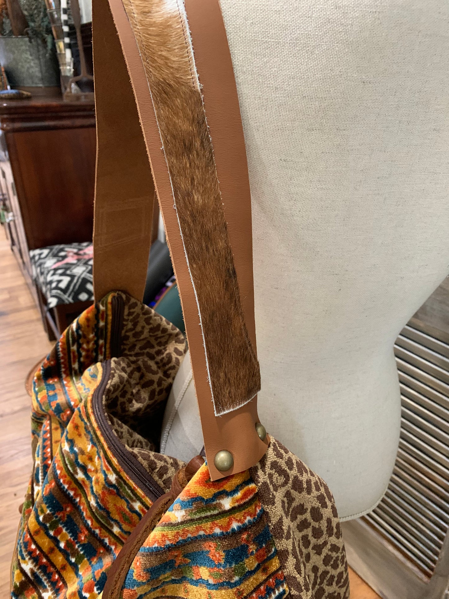 Day Bag with Leather pocket “cinnamon spice Aztec” cut velvet with chenille cheetah