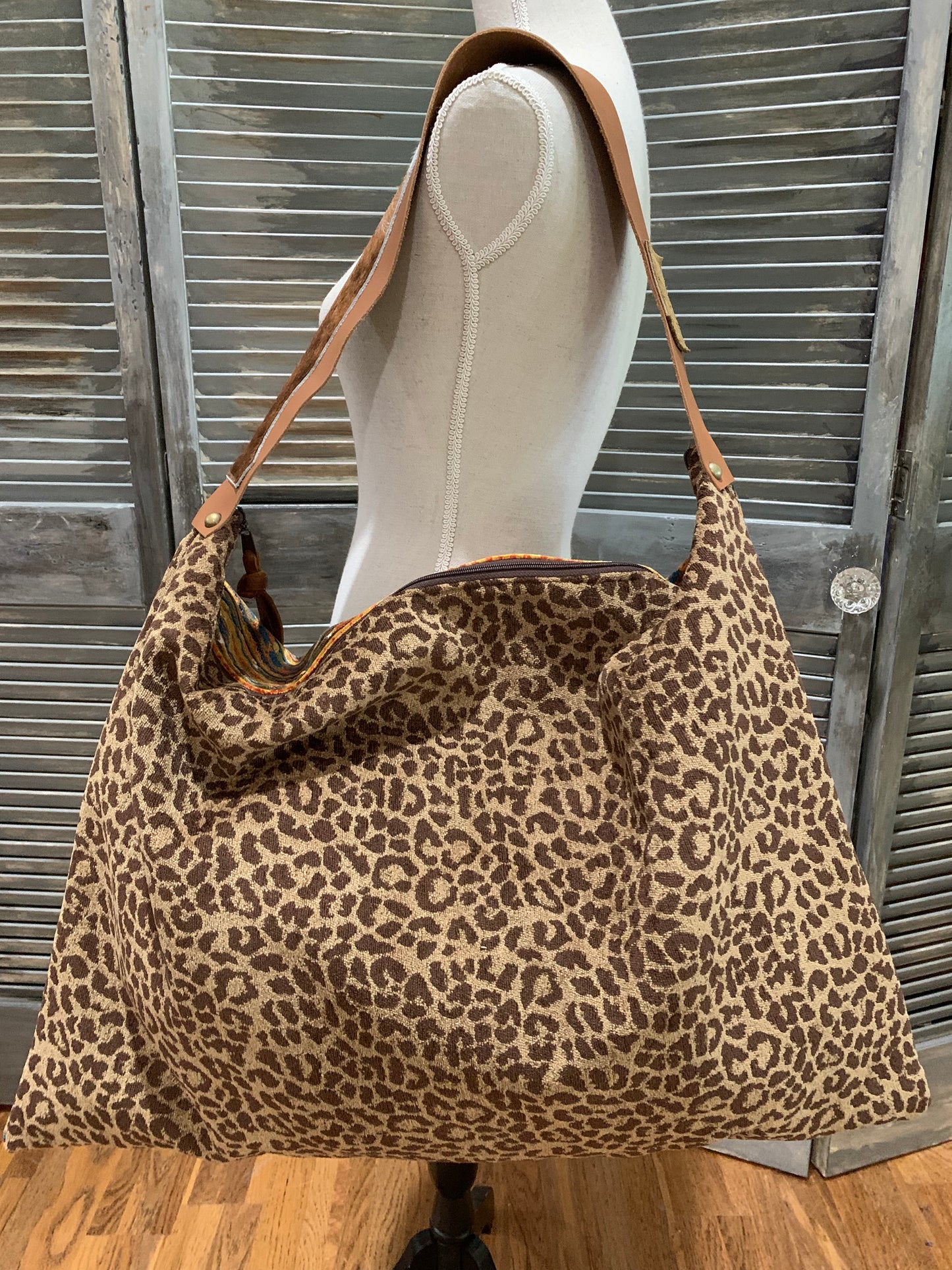 Day Bag with Leather pocket “cinnamon spice Aztec” cut velvet with chenille cheetah