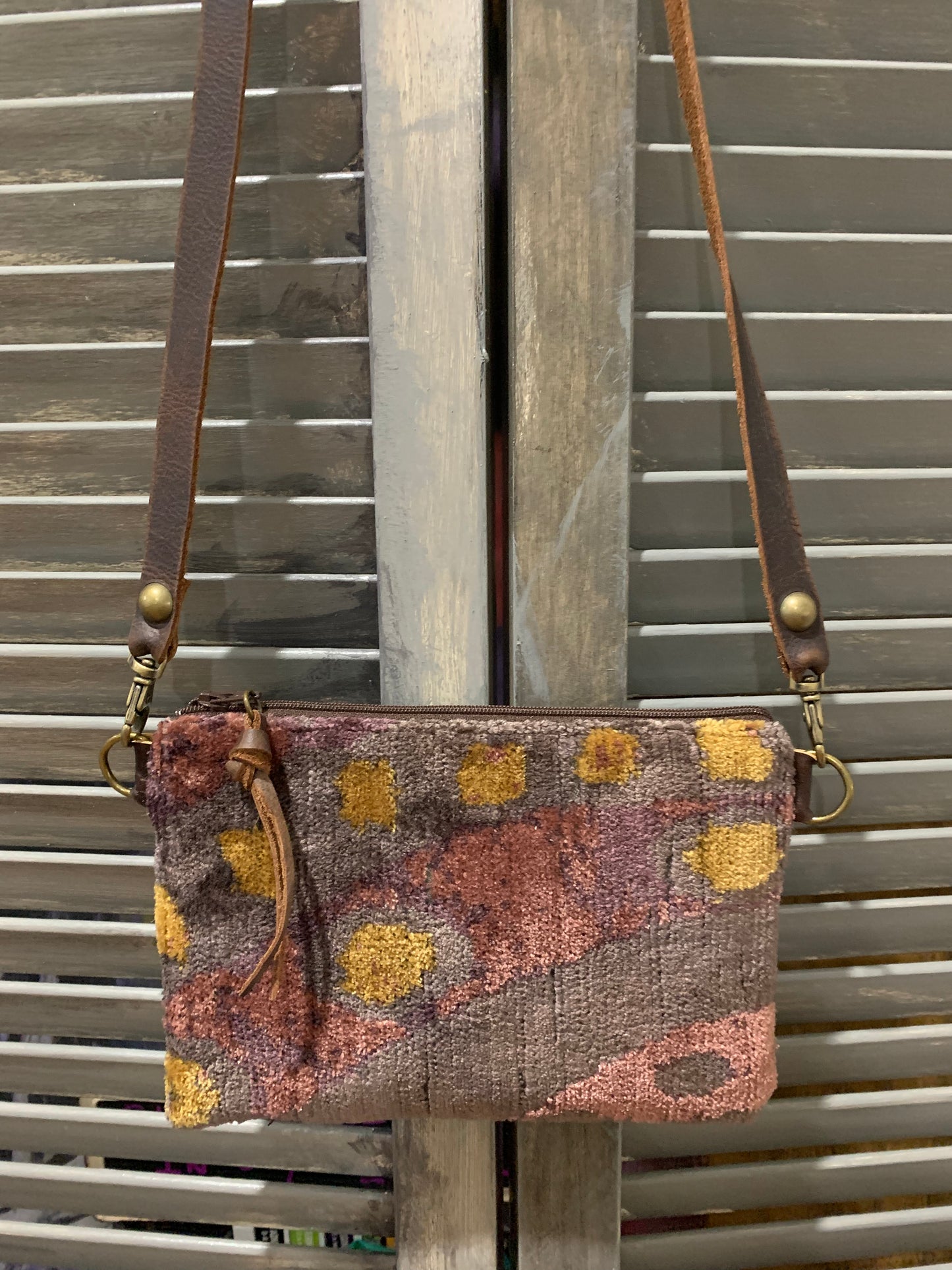 “Bethany Set” crossbody & Wristlet shades of plum, gold and gray