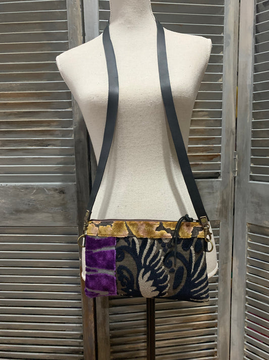 Bethany Bag-Purple, Gold and Black Cut Velvet with Bronze leather back 9x12