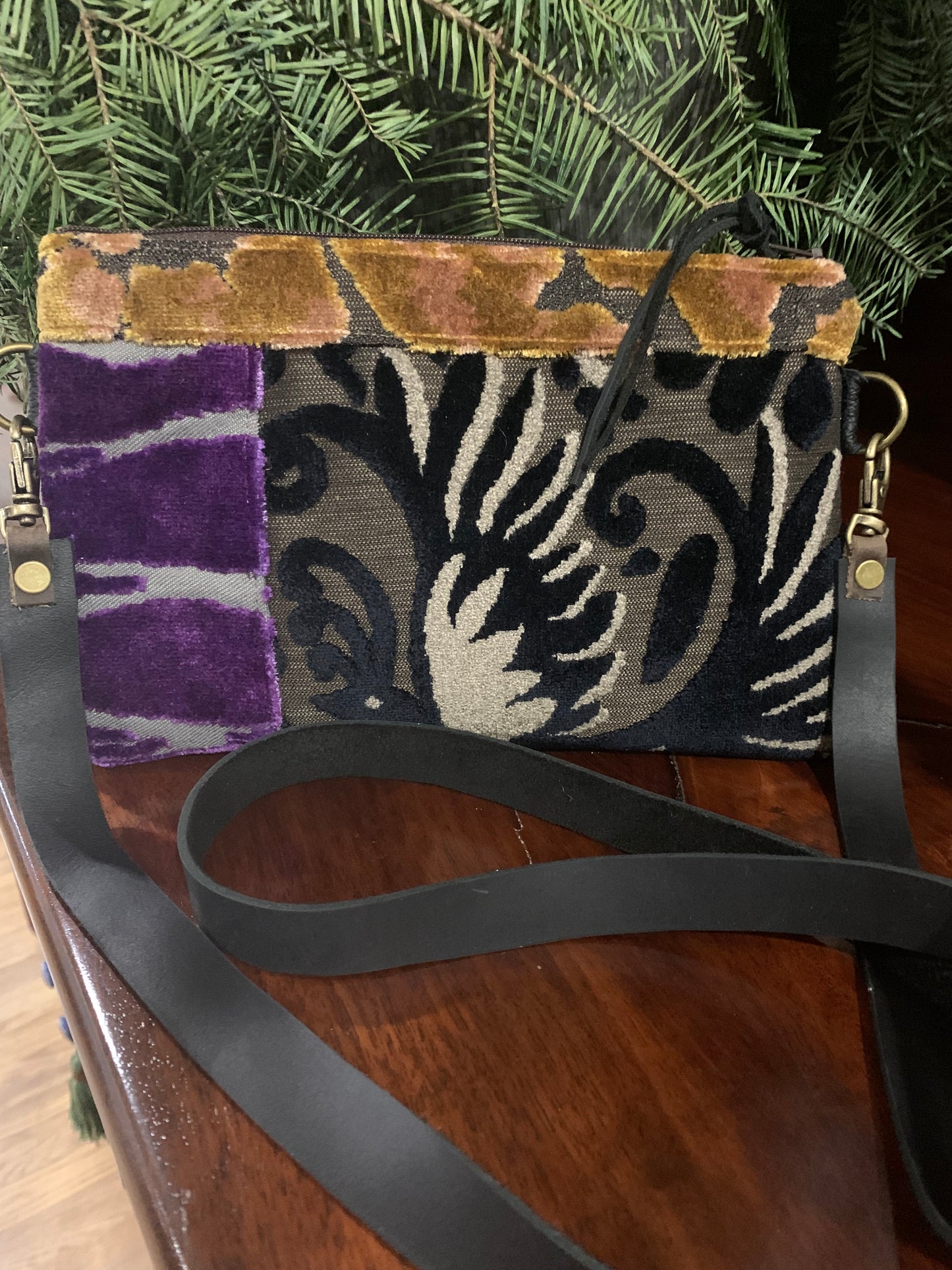 Bethany Bag-Purple, Gold and Black Cut Velvet with Bronze leather back 9x12