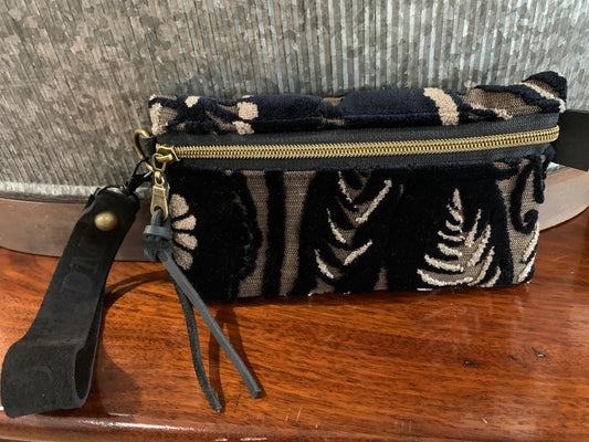 Classy Clutch with Wrist Strap-Black & Gray cut Velvet with black leather wrist strap