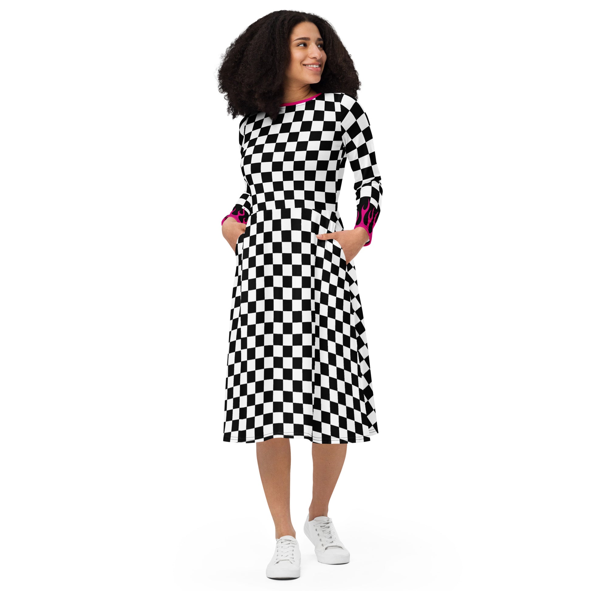 Black & White check with Pink flame accent on sleeve- long sleeve midi dress - DMD Bags