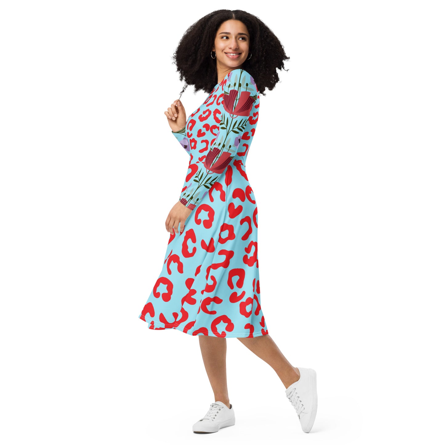 Brightly patterned Cheetah & Floral printed sleeve print long sleeve midi dress - DMD Bags