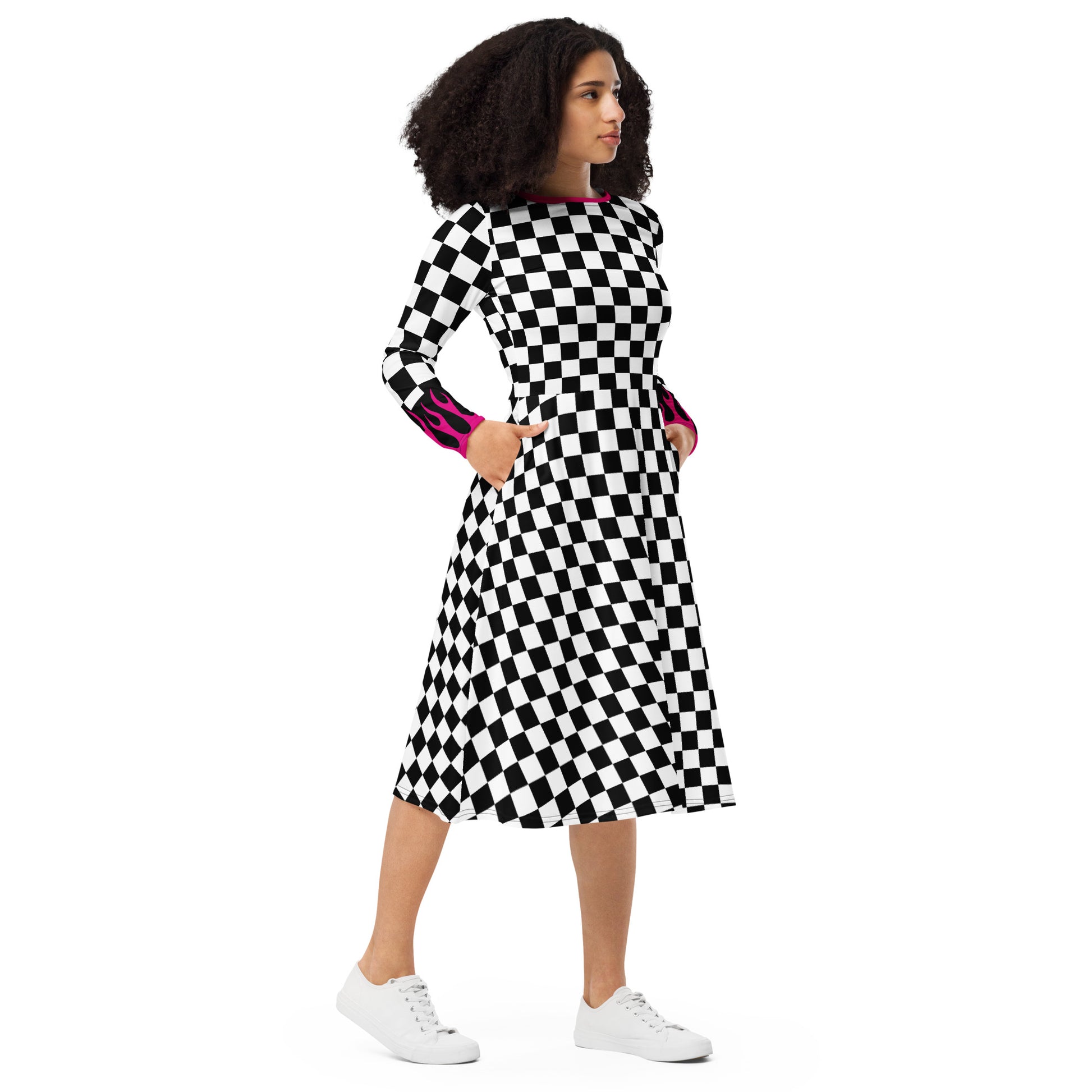 Black & White check with Pink flame accent on sleeve- long sleeve midi dress - DMD Bags