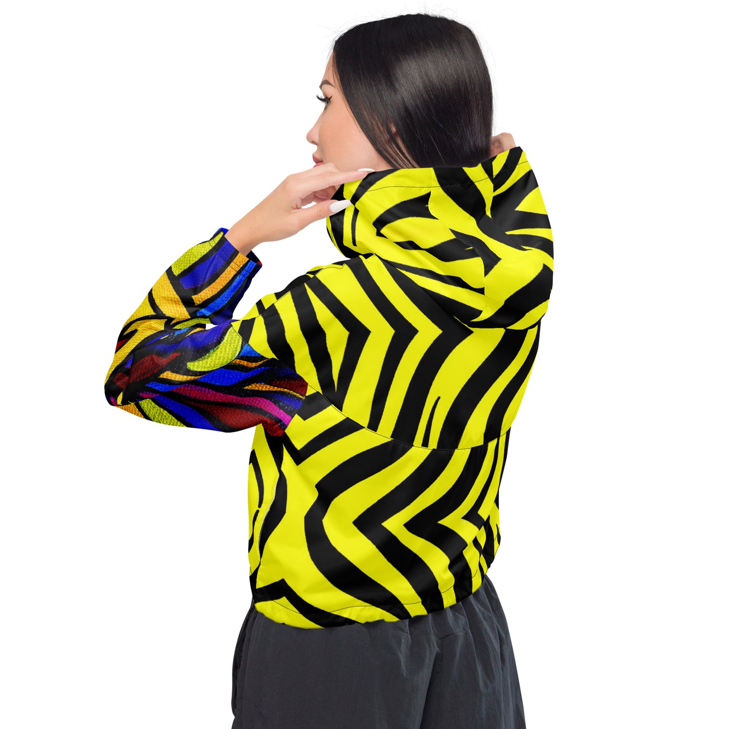 Women’s cropped windbreaker - Black and Yellow with Goochie Poochie Sleeves - DMD Bags