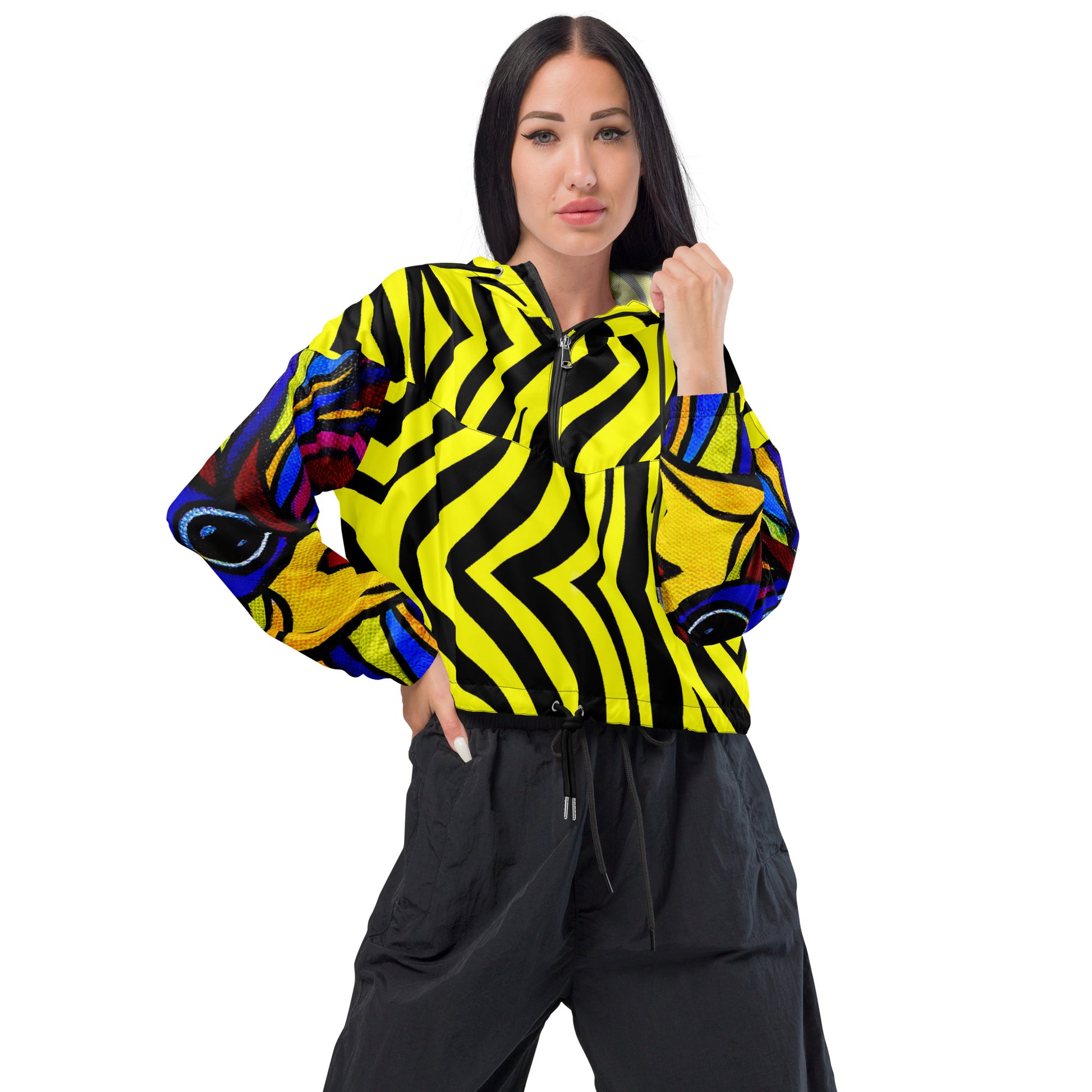Women’s cropped windbreaker - Black and Yellow with Goochie Poochie Sleeves - DMD Bags