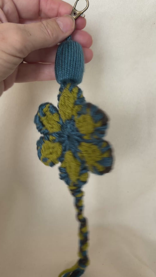 Crochet Flower Accessory- Purse charm/Luggage Tag Green-Blue-Gray one of a kind